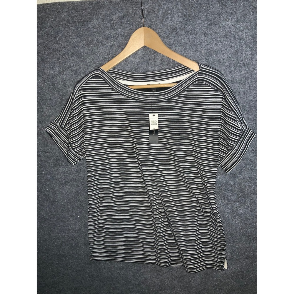 Talbots Womens Black White Striped Boat Neck Cuffed Short Sleeve Top Sz M NWT